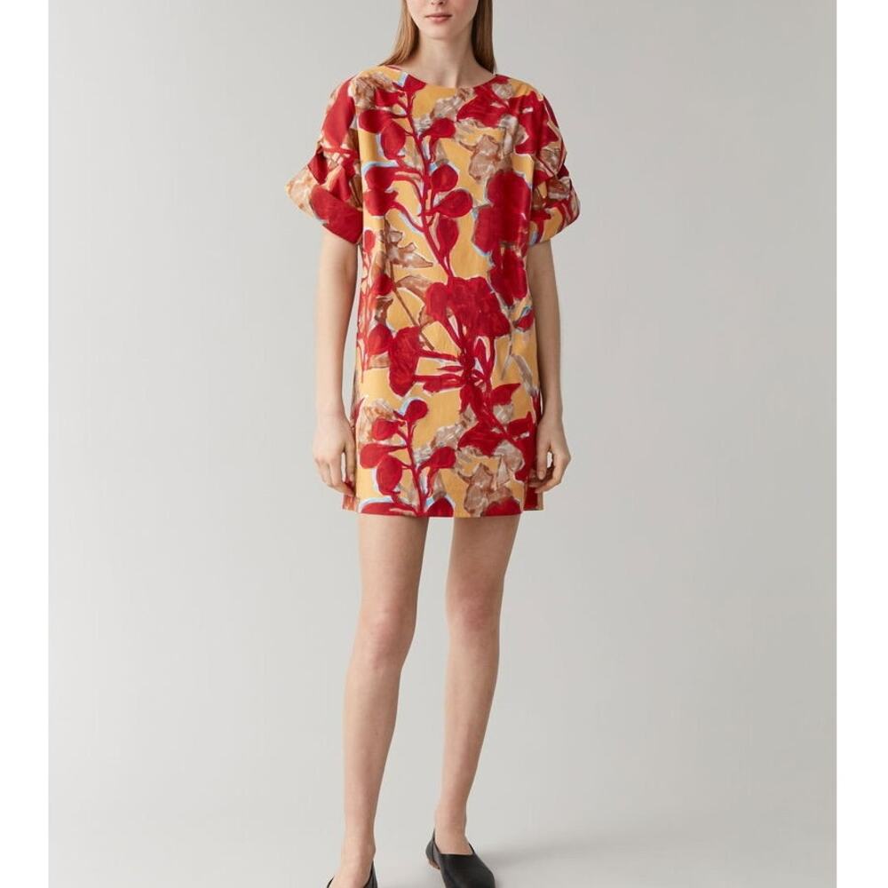 COS Printed Roll Sleeved Short Shift Dress Womens 2 Floral Abstract Art to Wear - Picture 4 of 11